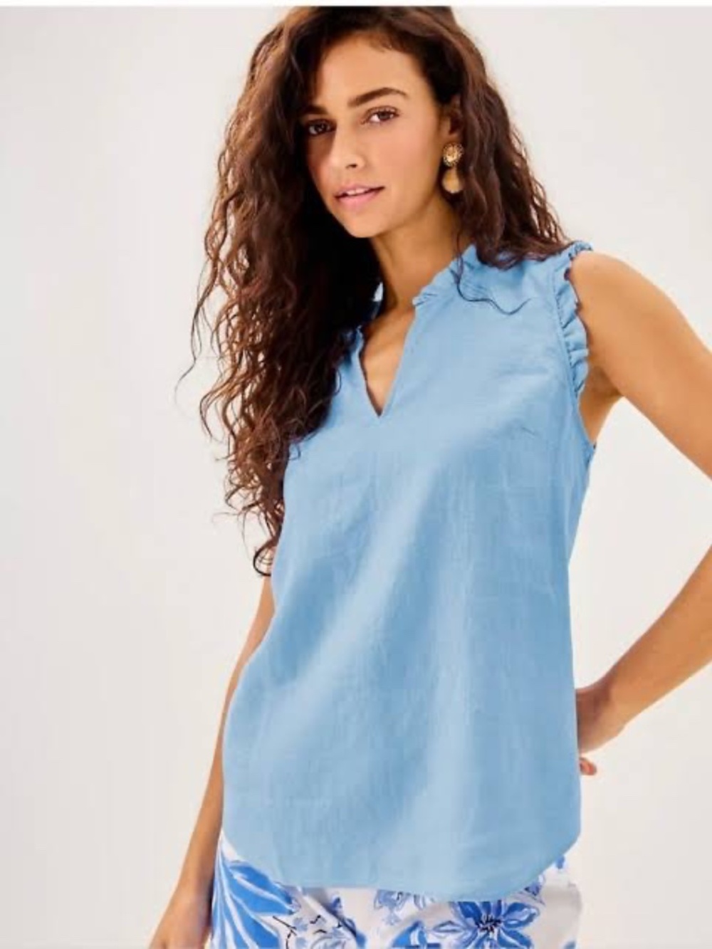 Lilly Pulitzer NWT Kavalla Sleeveless Ruffle Linen Top Blue